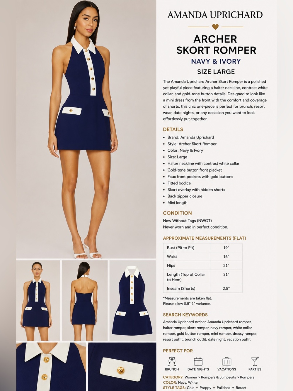 Amanda Uprichard Archer Skort Romper Navy Ivory Halter Large NWOT